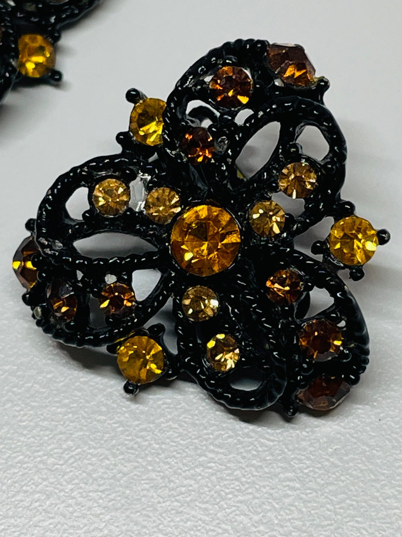 Black Clip On Earrings with Amber Rhinestones Devil's Details 