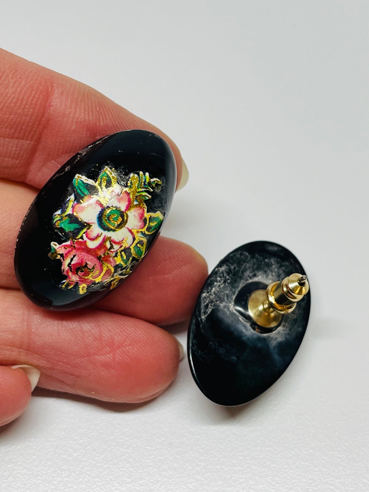 Black Painted Floral Studs Devil's Details 