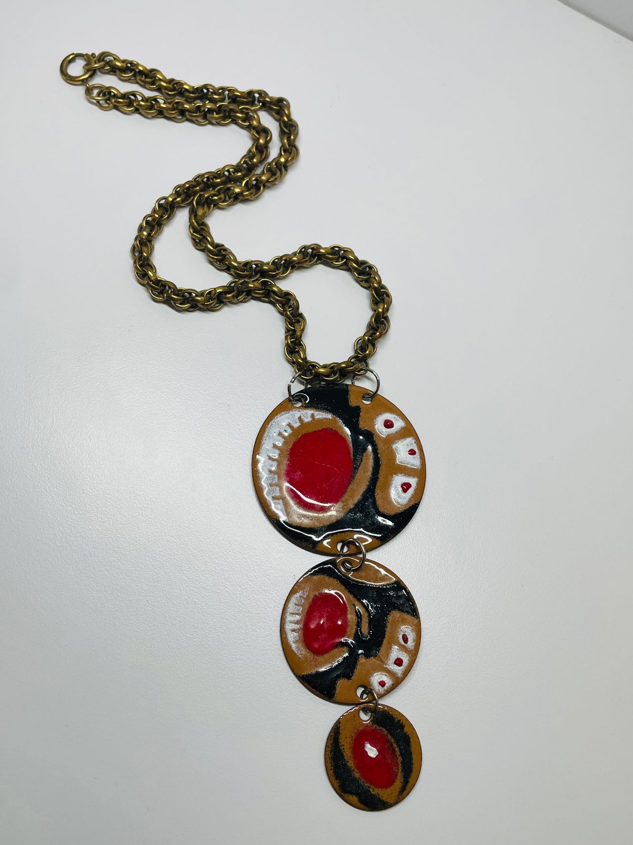 Brown, Red, and Black Circles Trio Drop Necklace Devil's Details 