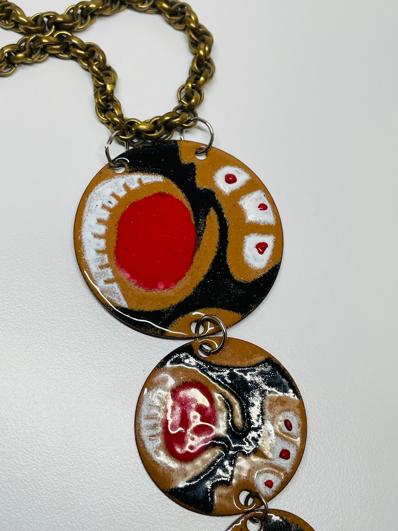 Brown, Red, and Black Circles Trio Drop Necklace Devil's Details 