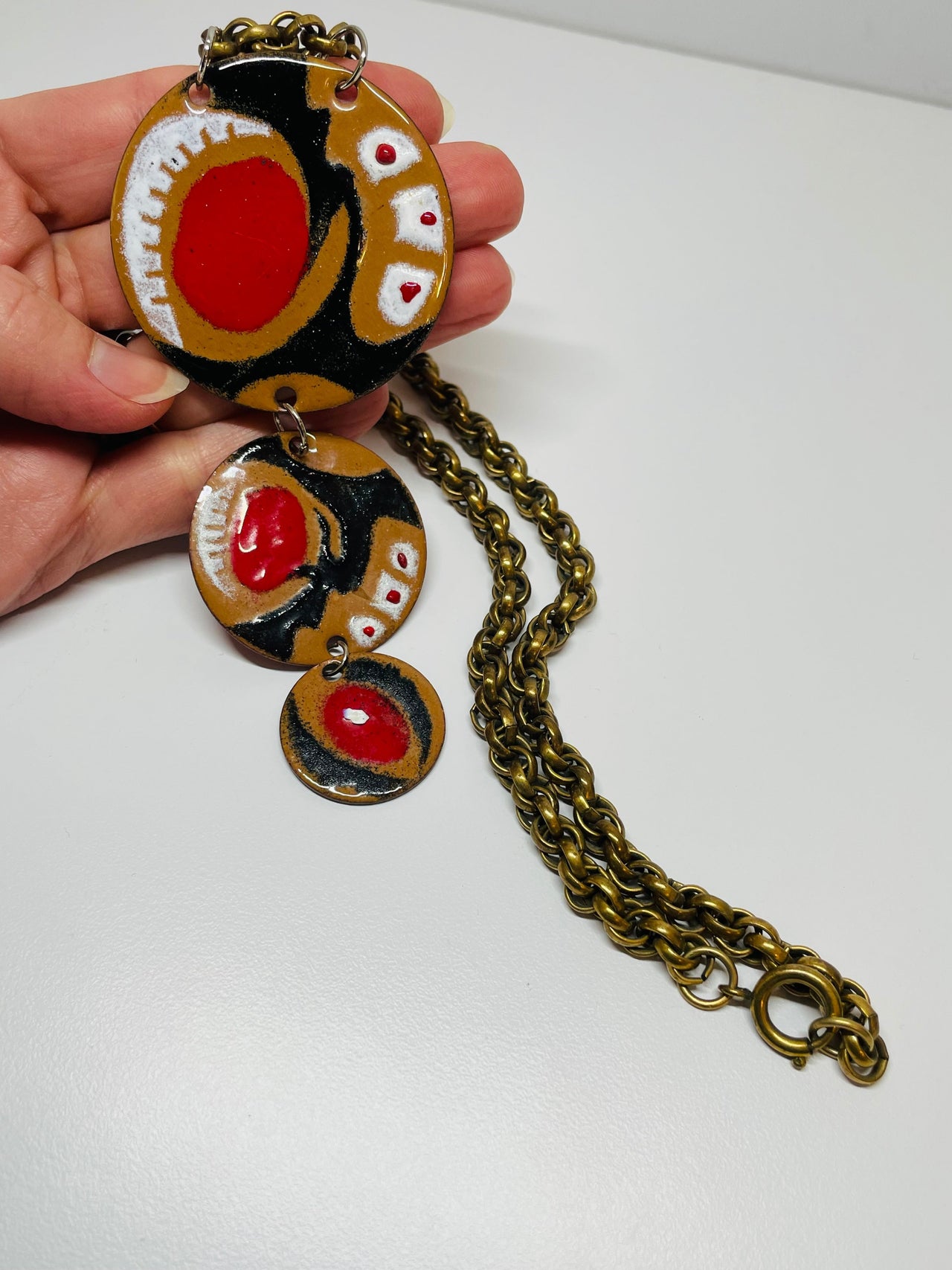 Brown, Red, and Black Circles Trio Drop Necklace Devil's Details 