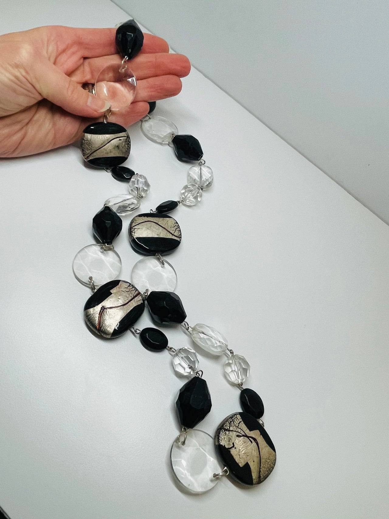 Clear and Black Silver Painted Beaded Necklace Devil's Details 