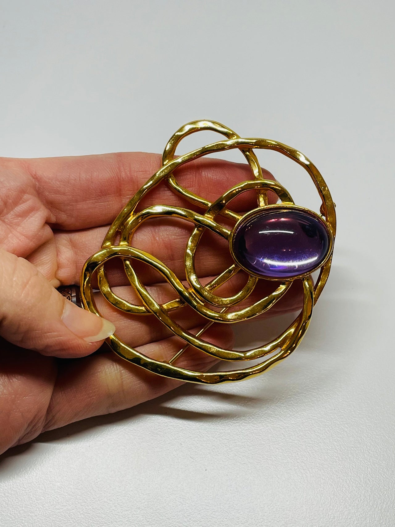 Gold Abstract Brooch with Purple Stone Devil's Details 