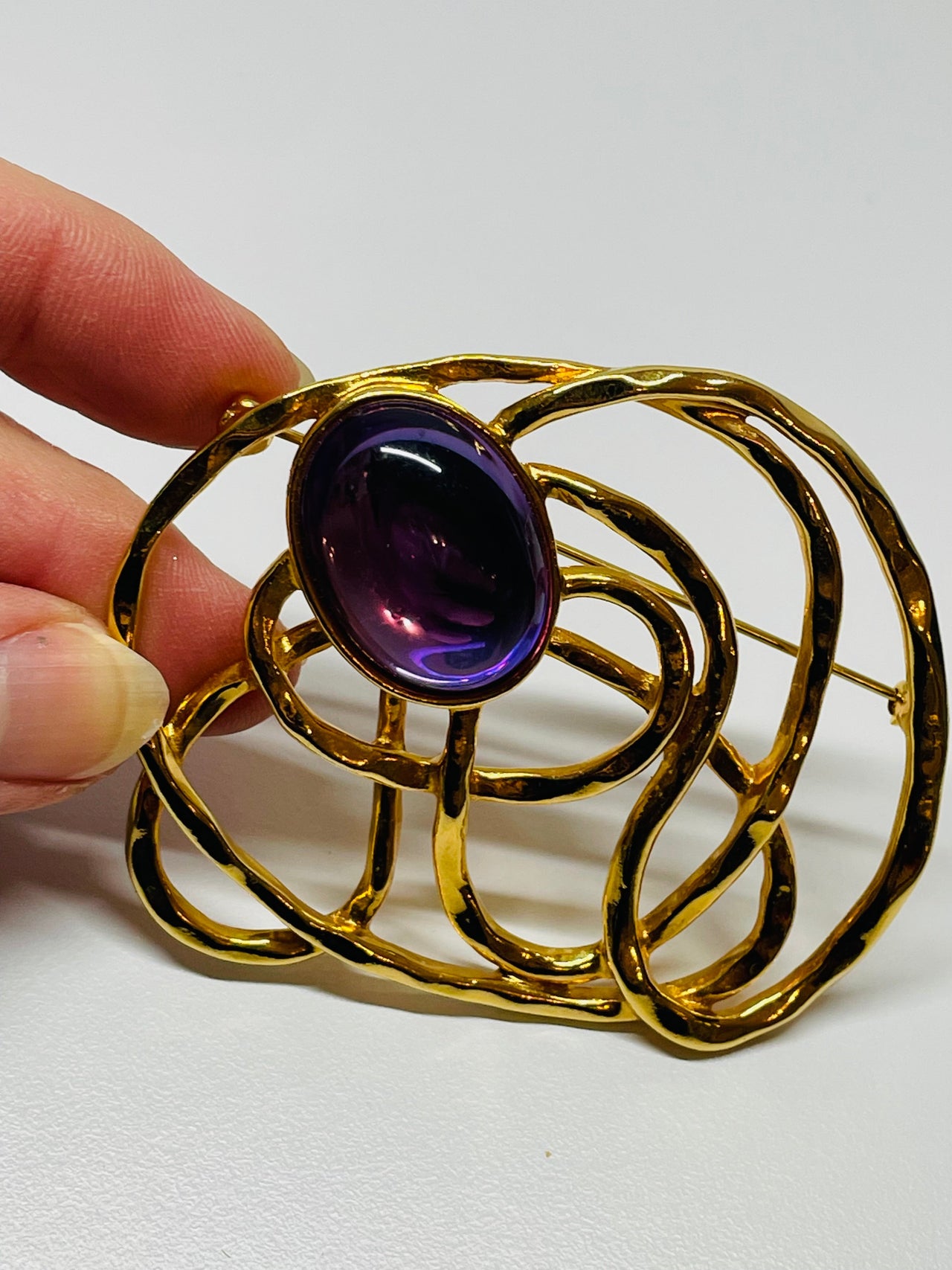 Gold Abstract Brooch with Purple Stone Devil's Details 