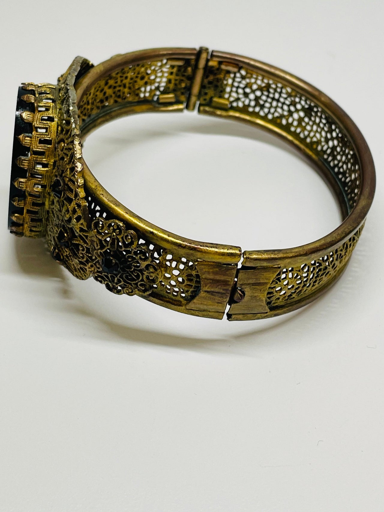 Gold Hinge Bracelet with a Black Glass Stone Devil's Details 