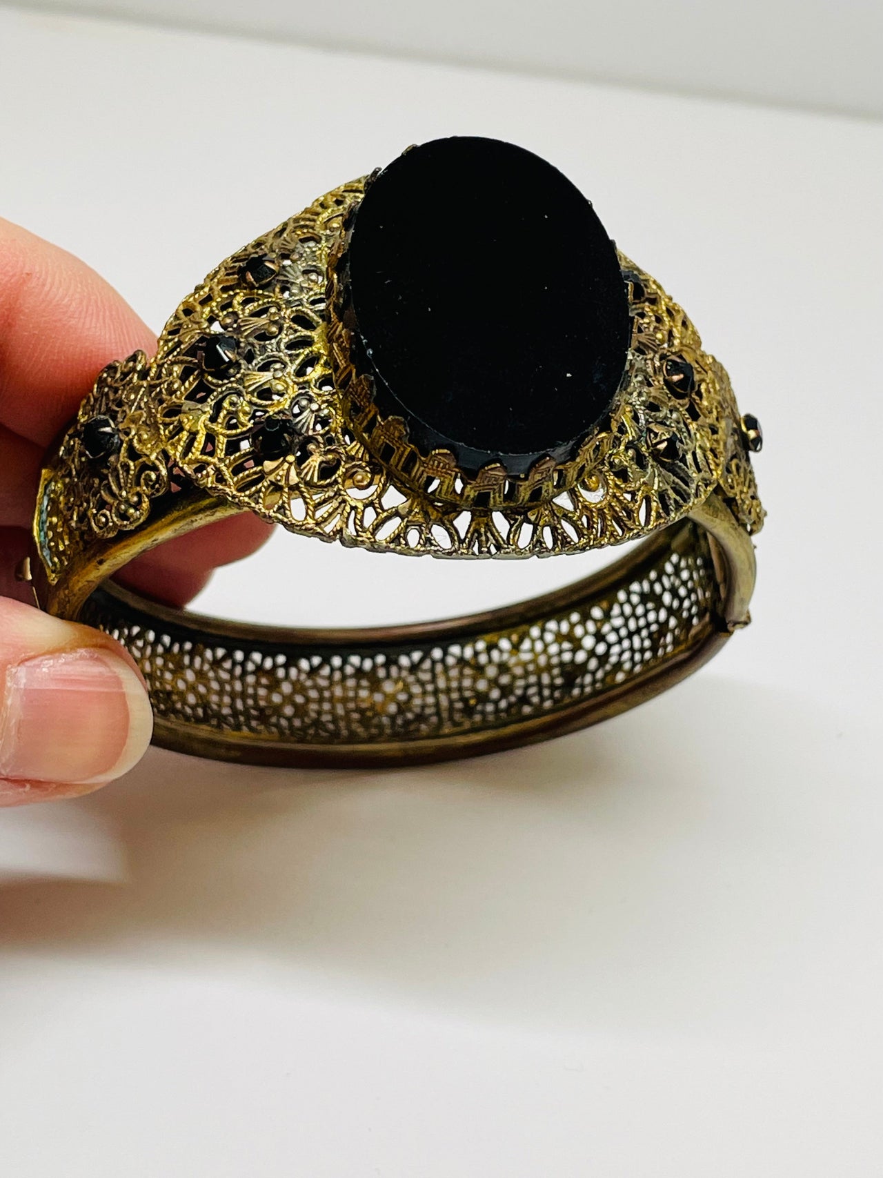 Gold Hinge Bracelet with a Black Glass Stone Devil's Details 