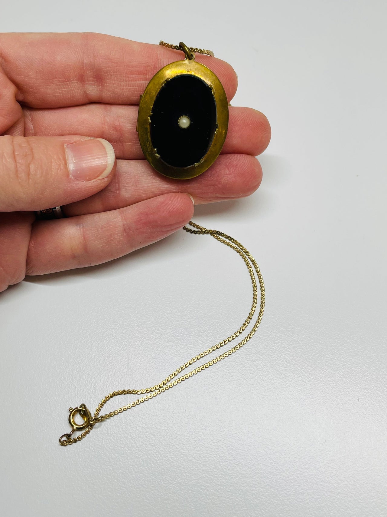 Gold Oval Locket with Black Stone and Gold Filled Chain Devil's Details 