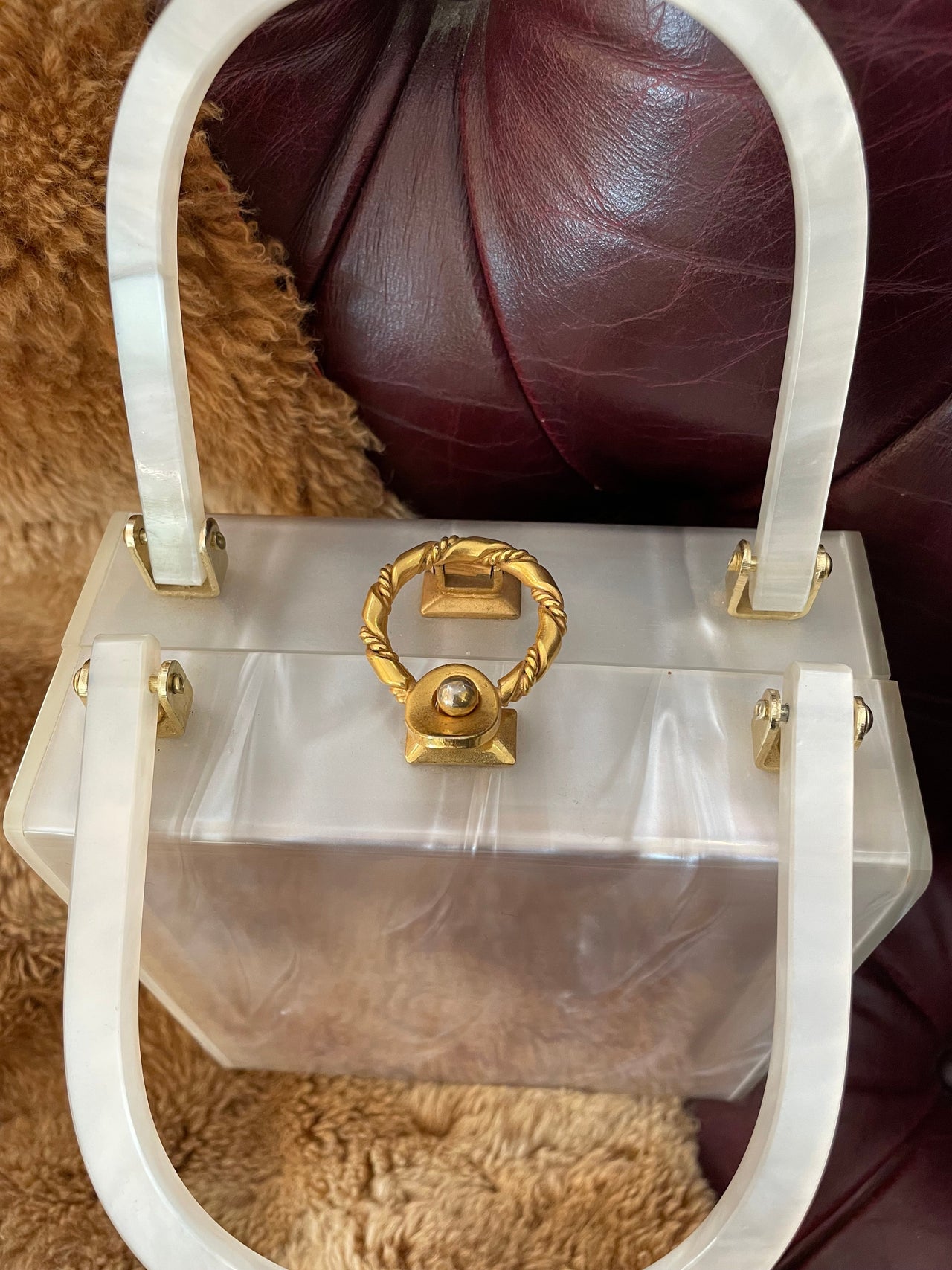 MidCentury White Lucite Box Purse Devil's Details 