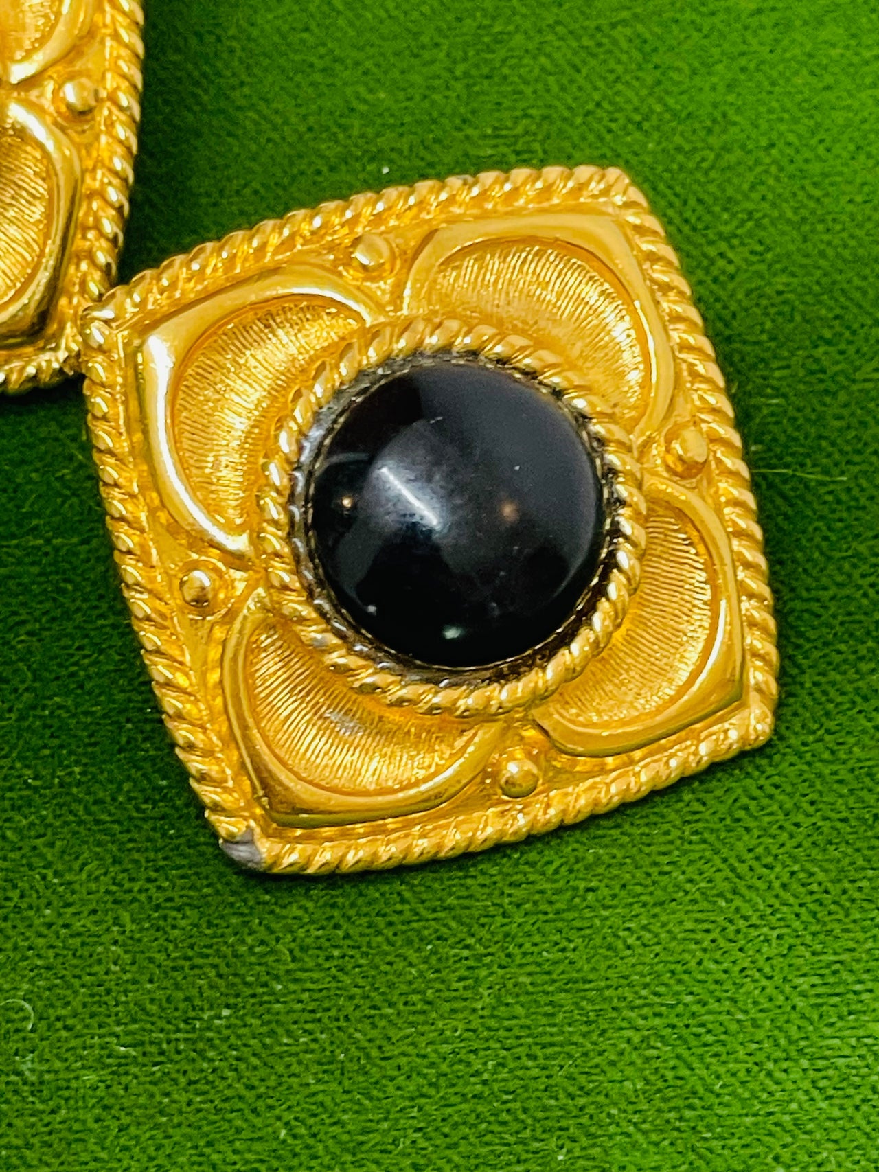 Napier Square Gold Clip On Earrings with Black Enamel Dome Devil's Details 