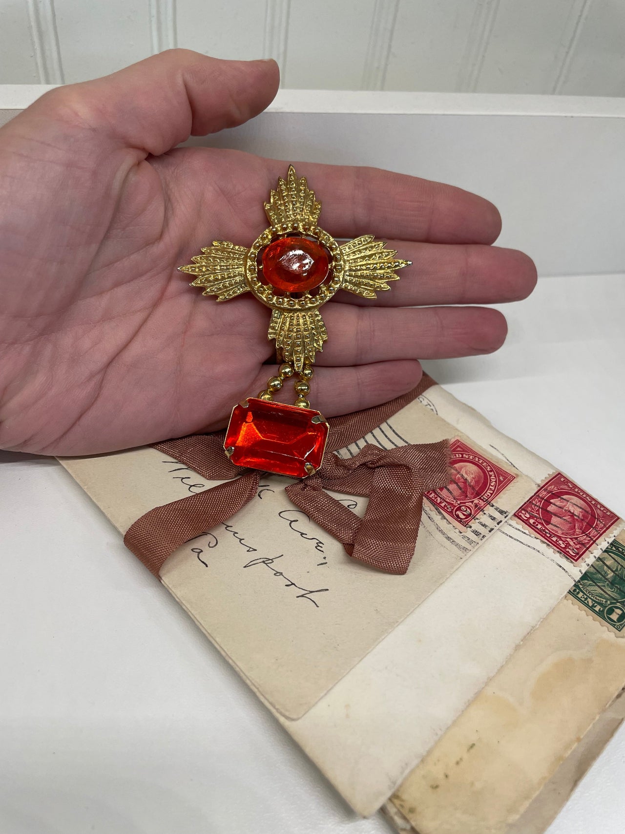 Orange Rhinestone Dangle Brooch Devil's Details 