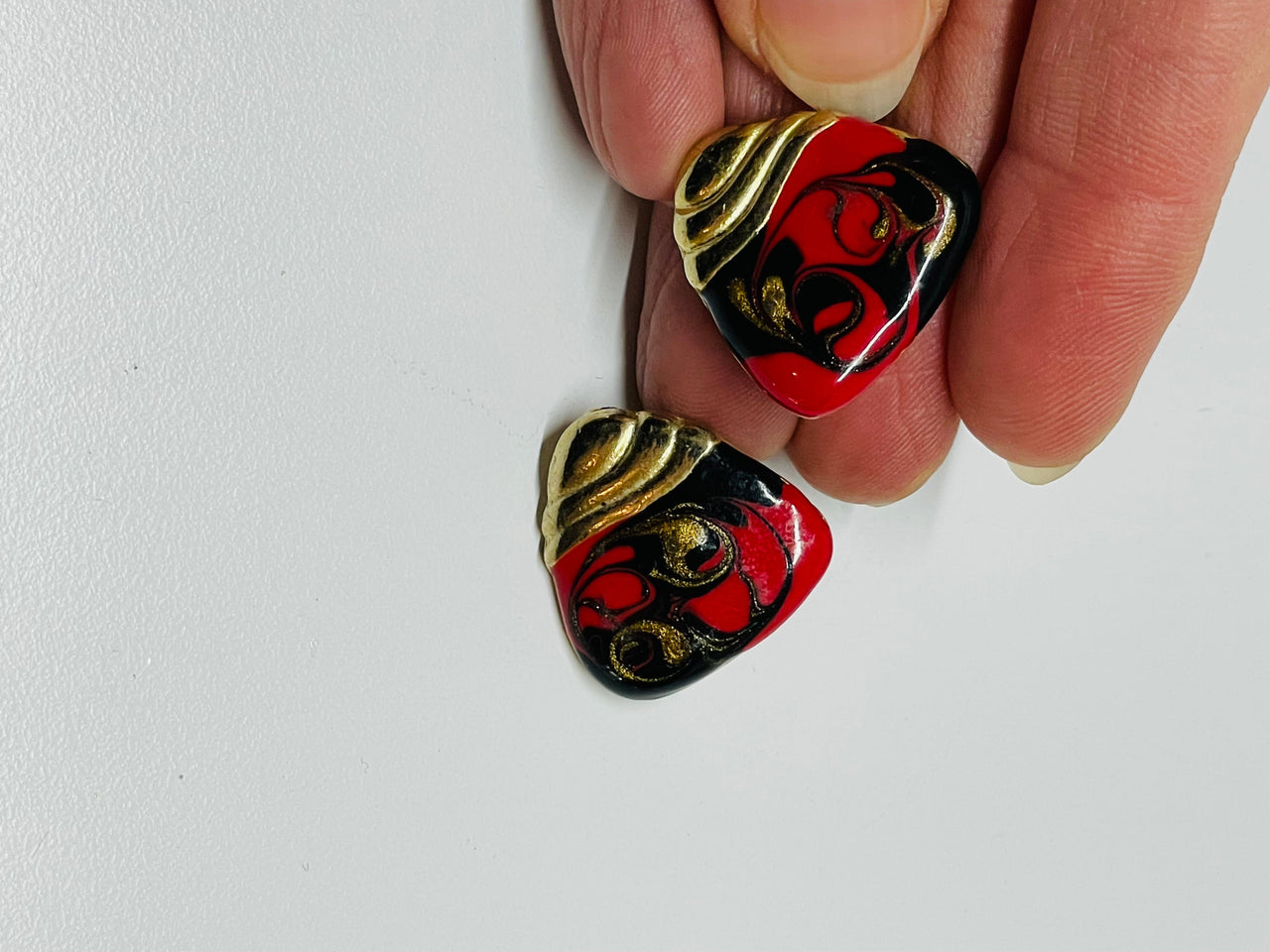 Red, Gold, and Black Painted Earrings Devil's Details 